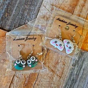 Set of 2 NEW Cute Green FROG & White CLOUD Earrings